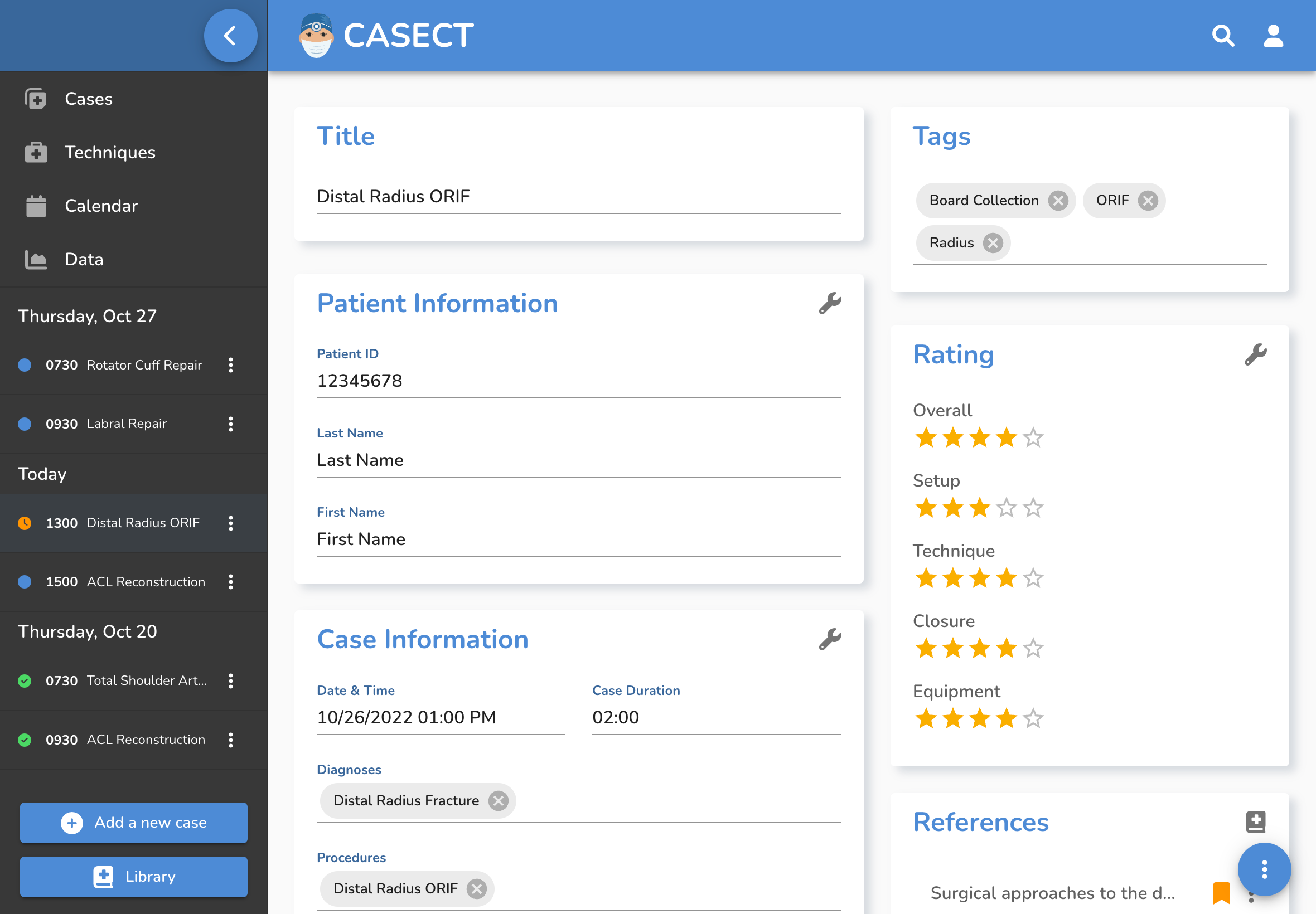 Casect case entry page | Record surgical cases